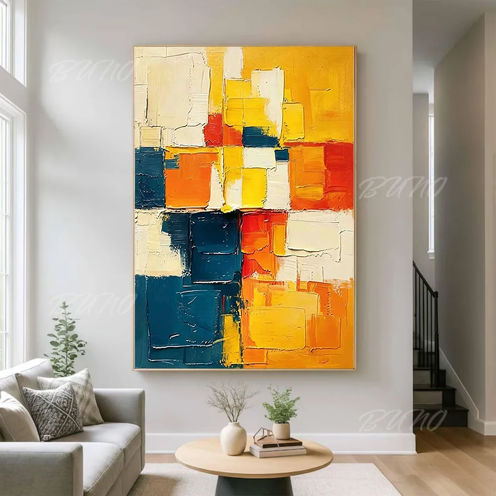 Hand-Painted Abstract Geometric Oil Painting 3D Palette Knife Thick Texture Blue Orange Canvas Wall Art Modern Living Room Decor
