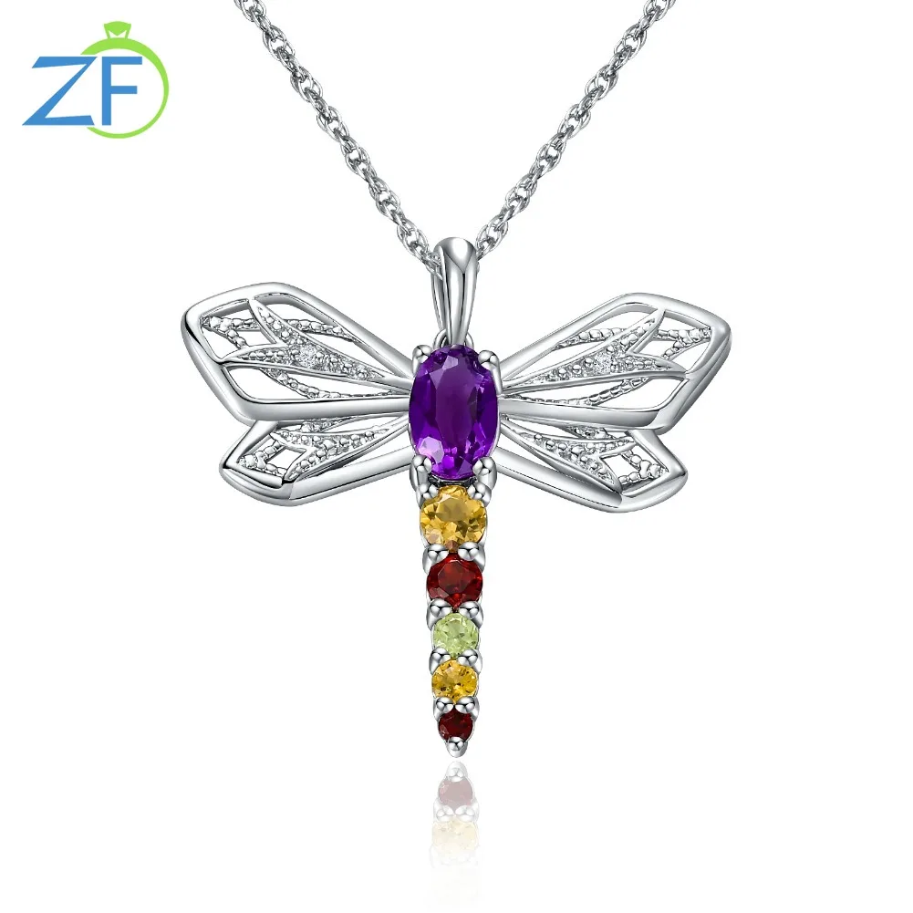 GZ ZONGFA Natural Amethyst 925 Sterling Silver Dragonfly Pendant Necklace Colorful Gems Citrine Insect Neck Chain for Women