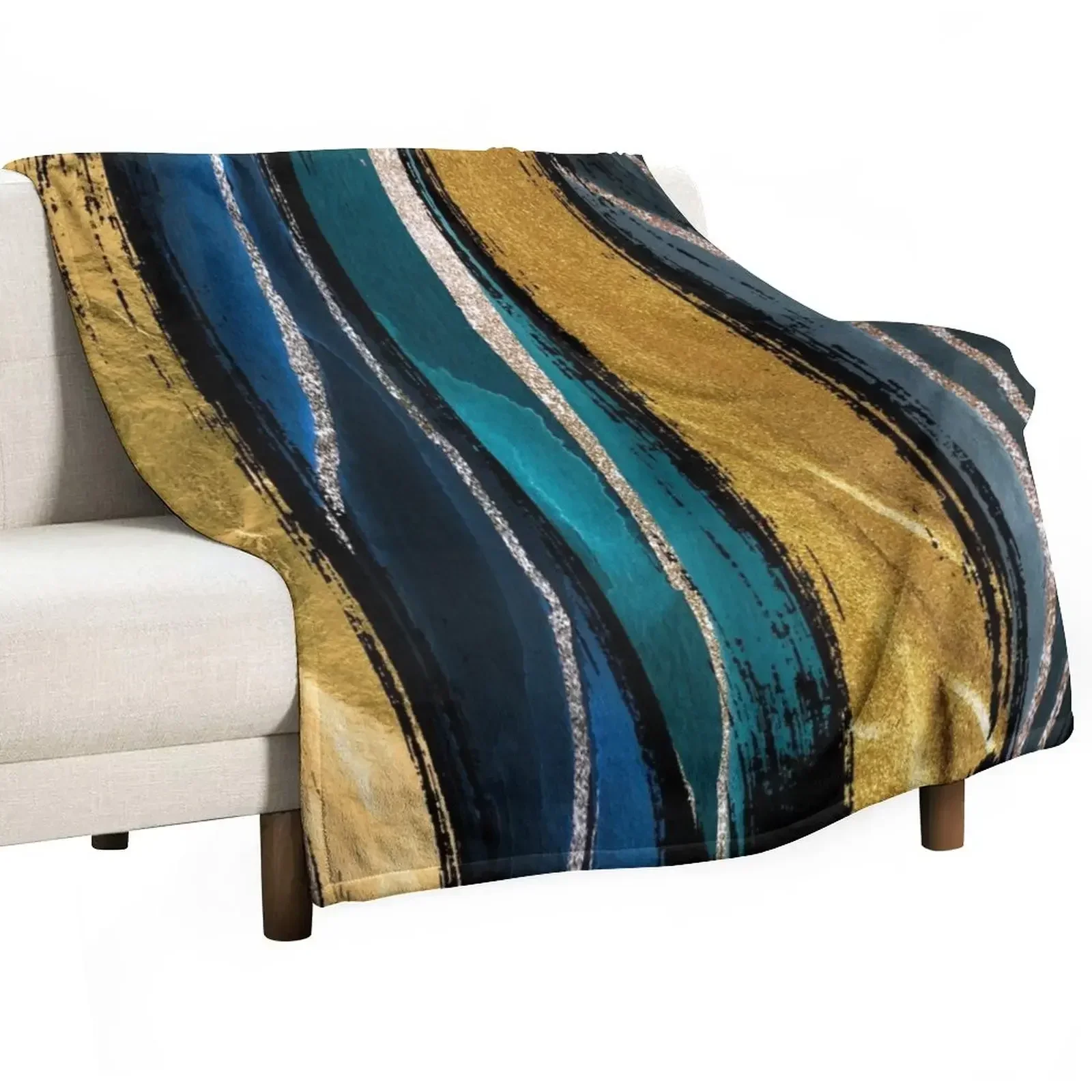 

New Abstract Vertical Brushstroke Teal and Gold Throw Blanket Bed Flannel Fabric for winter Flannel Blankets