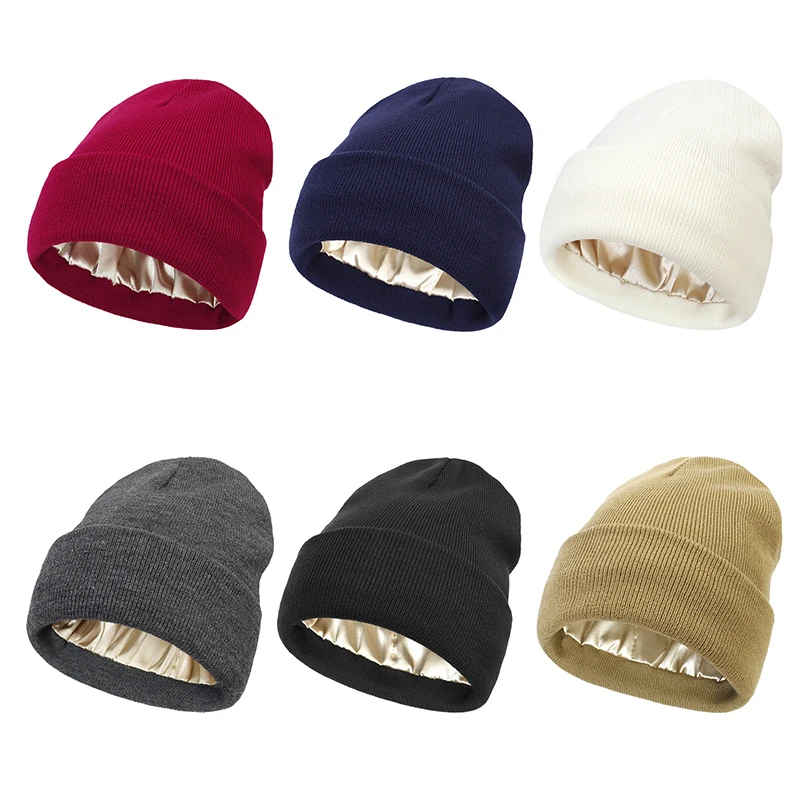 

2025 Cuffed Thickend Silk Satin Lined Beanie Winter Knitted Warm Skullcap For Outdoor MTB Bike Cycling Windproof Hat