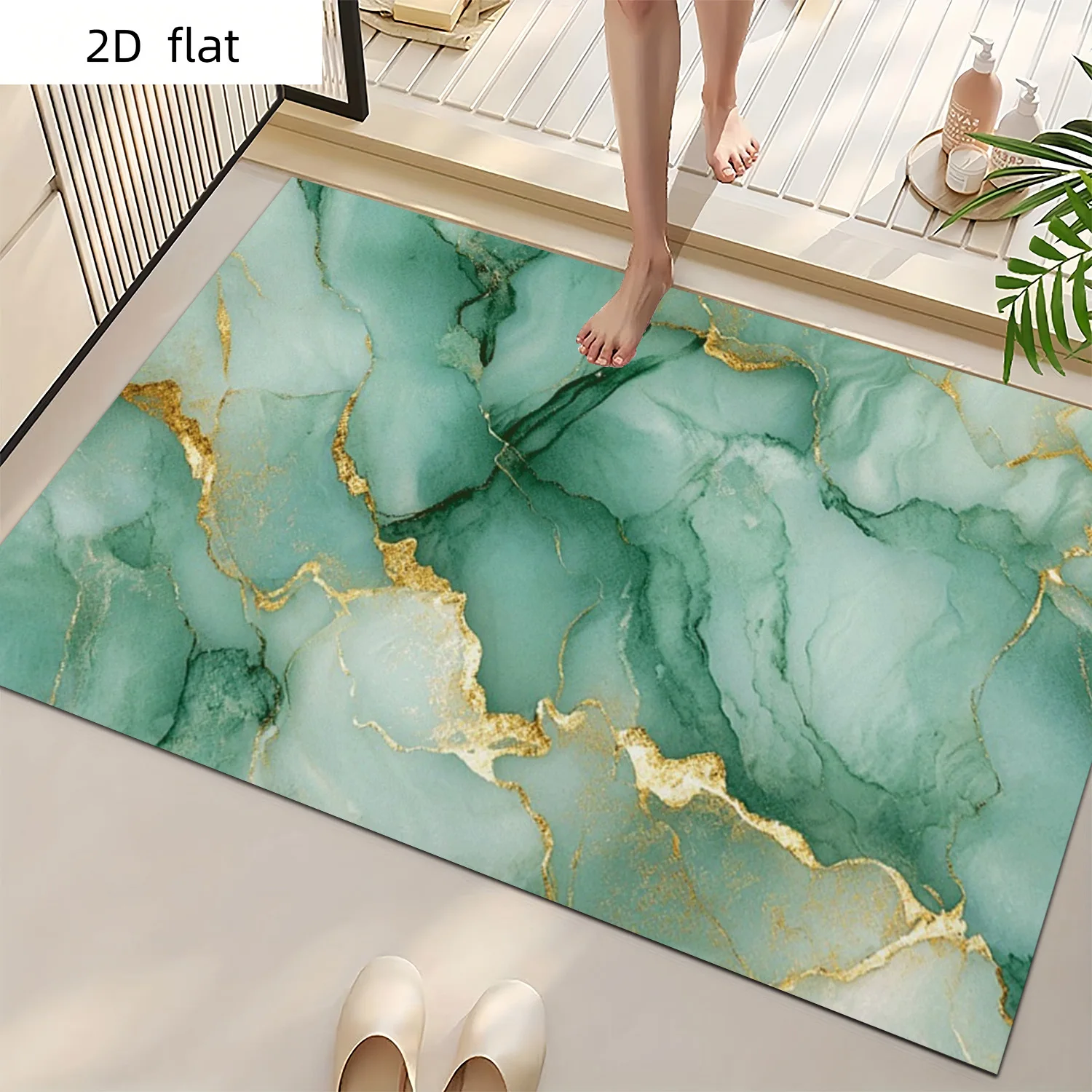 Modern Green Marble Gold Vein Print Runner Mat Polyester Luxury Rug for Bathroom Living Room Home Decor Accent Floor Mat