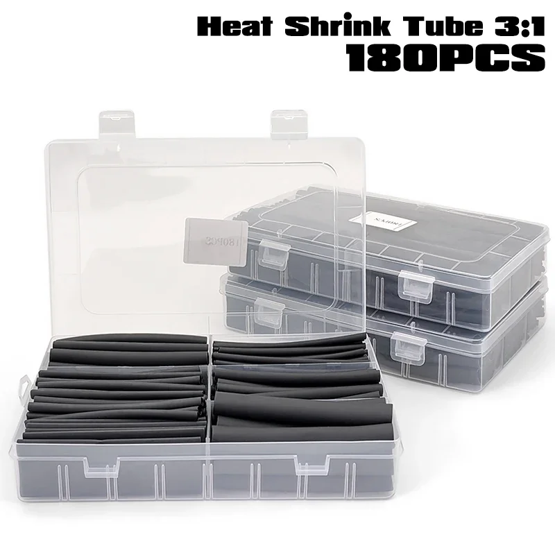 180Pcs 3:1 Black Flame Retardant Heat Shrink Assortment For Greenhouse Agricultural Irrigation Lamp Wiring Cable Isolation Wrap
