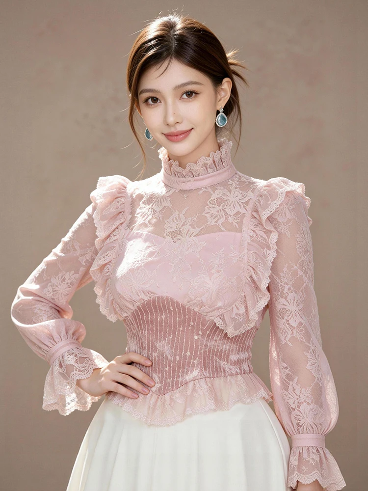 Chemise transparente en dentelle rose pour femmes, manches longues, Sexy, à volants, manches évasées, Corset, col haut, Slim, hauts courts, fête, nouvelle collection