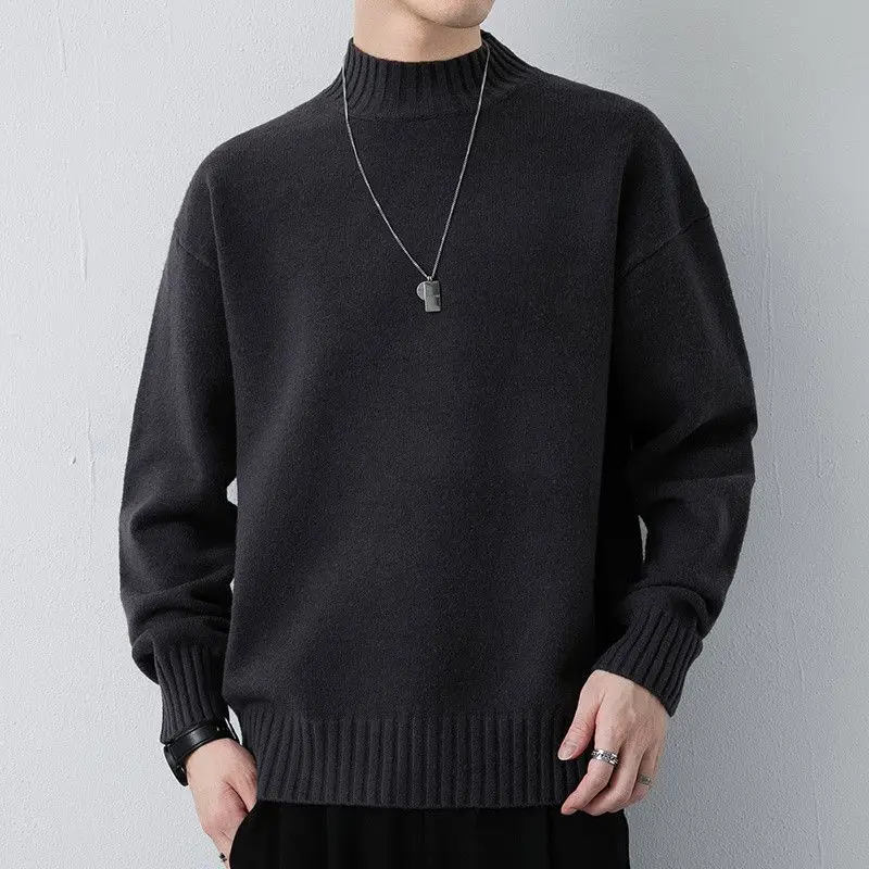 Men Half High Neck Knit Sweater Long Sleeve Loose Casual Pullover