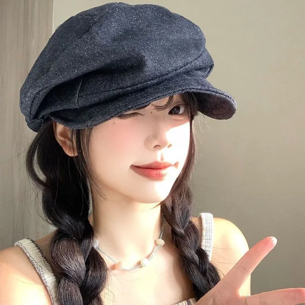 Fashion Japanese Denim Beret Cloth Cloud Octagonal Cap Newsboy Y2K Pleated Painter Hat Women