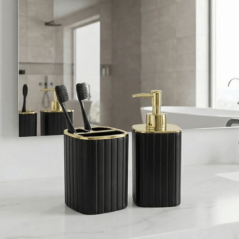2PCS Boho Style Bathroom Accessories Set Vertical Stripes ABS Bathroom Supplies Soap Dispenser & Toothbrush Holder