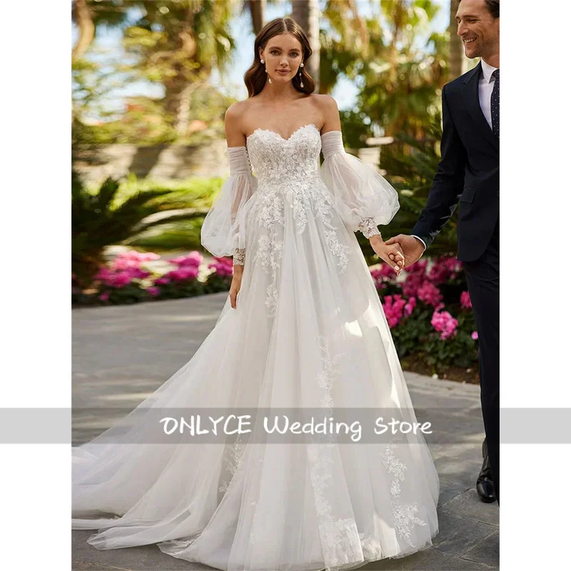 Amazing Sweetheart Ivory Wedding Dresses Appliques  Off Shoulder Detachable Long Sleeve A-Line Bridal Gown Customized