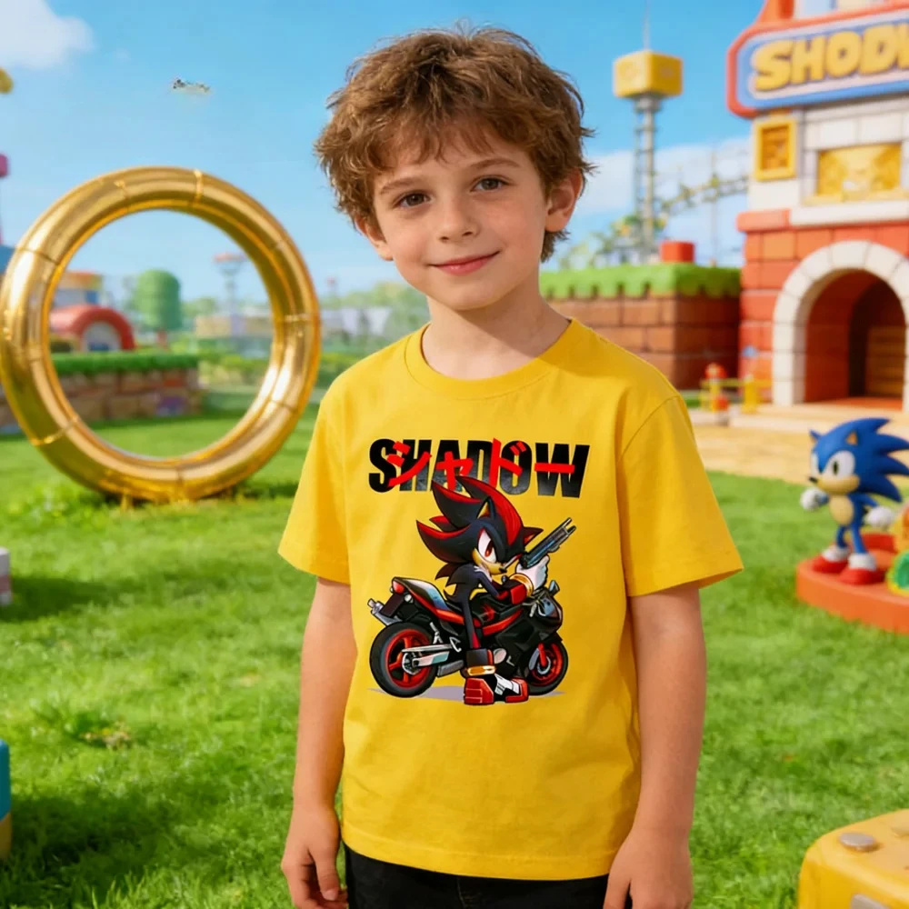 Sonic and Shadow Cotton T-shirt for Kids; A Casual Summer Top Featuring An Anime/cartoon Print and Short Sleeves, Boys Suitable