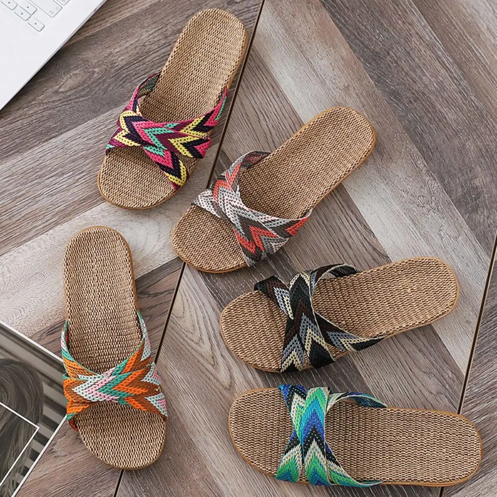 

Fashion Ethnic Style Linen Slippers Non-Slip Stripe Flat Slippers Sweat Absorption Flax Slipper Women Bedroom