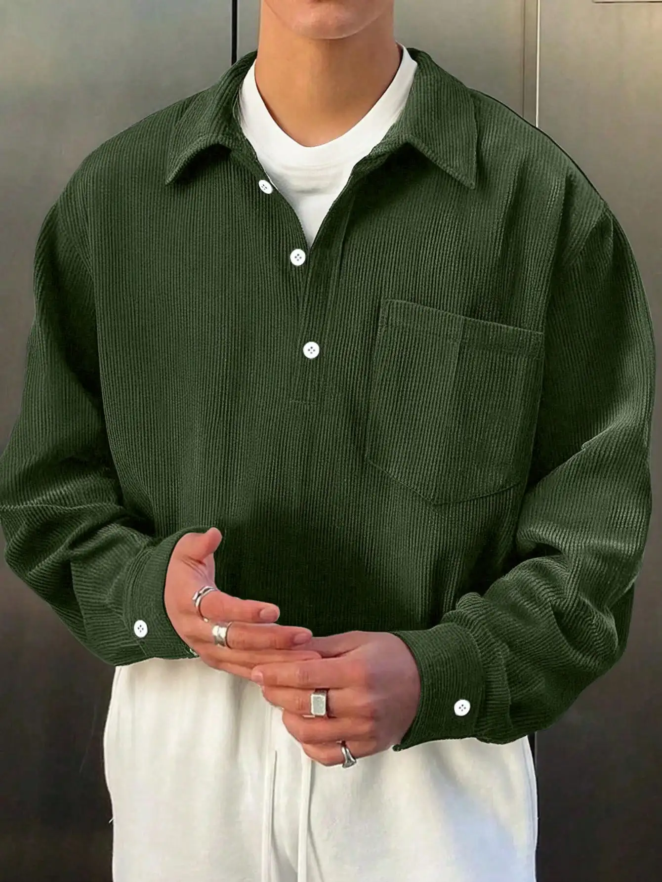 

Men's Olive Green Corduroy Long Sleeve Button-Up Shirt, Loose Fit Casual Top for Spring Autumn