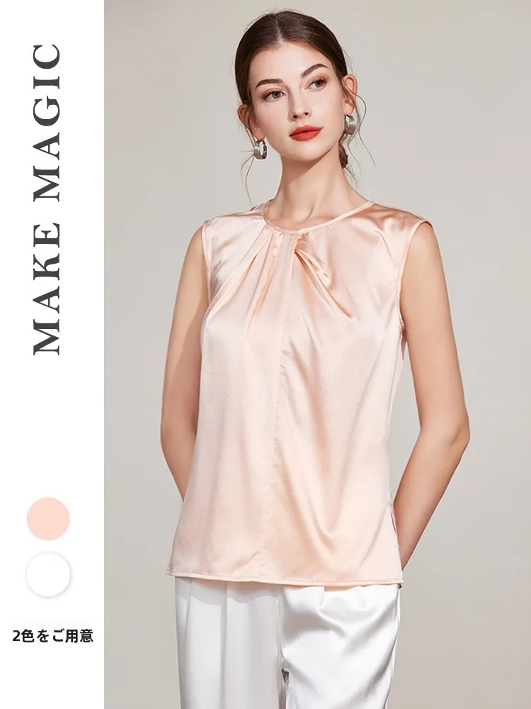 

Tomei 2026 Summer New Style Silk Satin Women's Top Asymmetrical Pleated Sleeveless Shirt Straight Cut Simple Commute Style