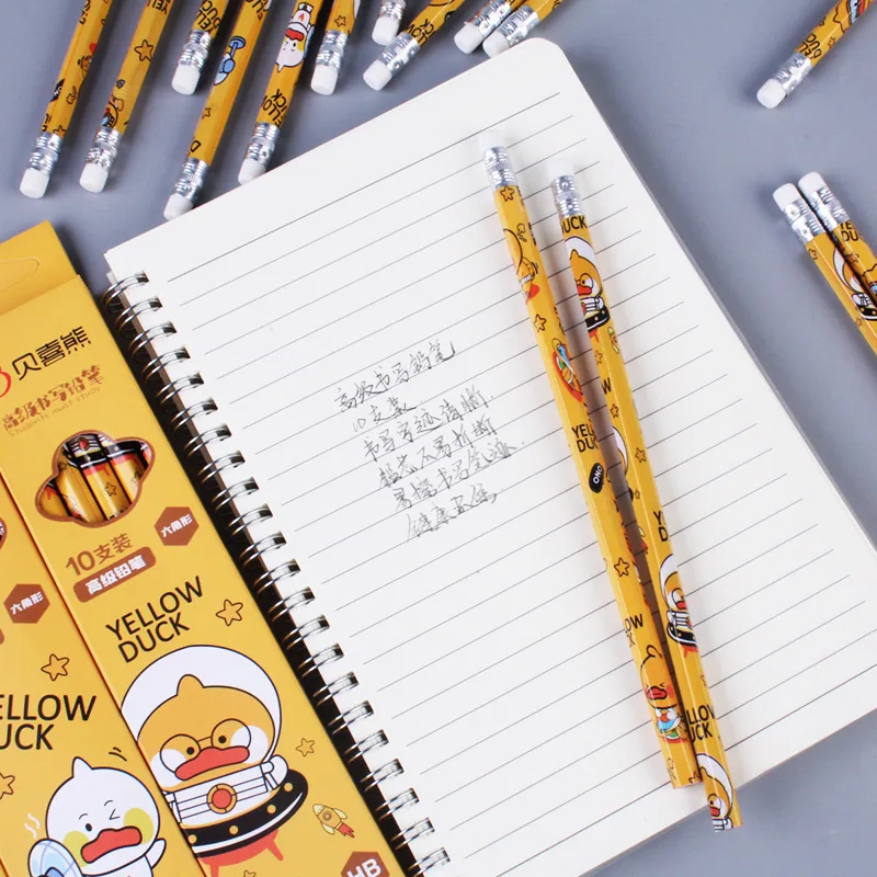 10 pçs/set bonito dos desenhos animados amarelo pato hb lápis desenho desenho hexagonal lápis escritório escola supples kawaii papelaria presente