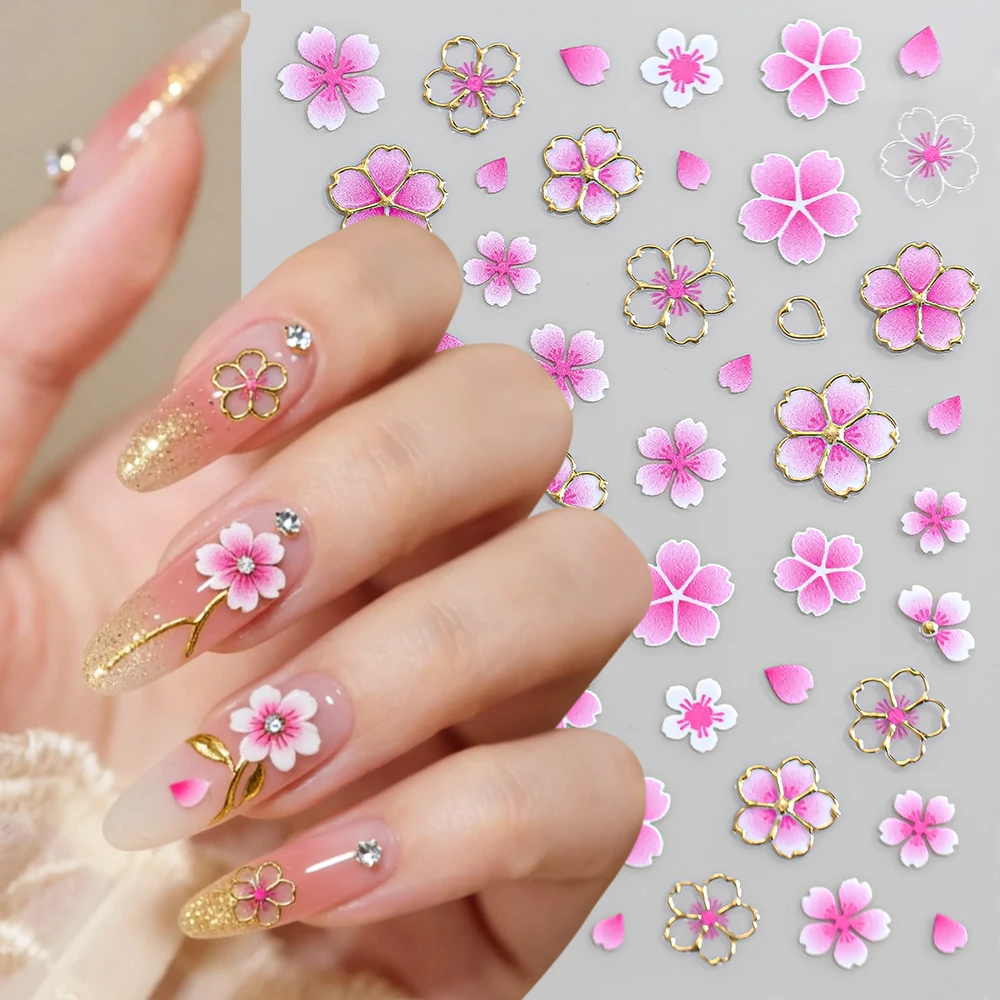 

1Pcs 5D Gradient Pink Sakura Nail Stickers Gold Frame Cherry Blossom Self-Adhesive Nail Decals for Women Spring Manicure Slider