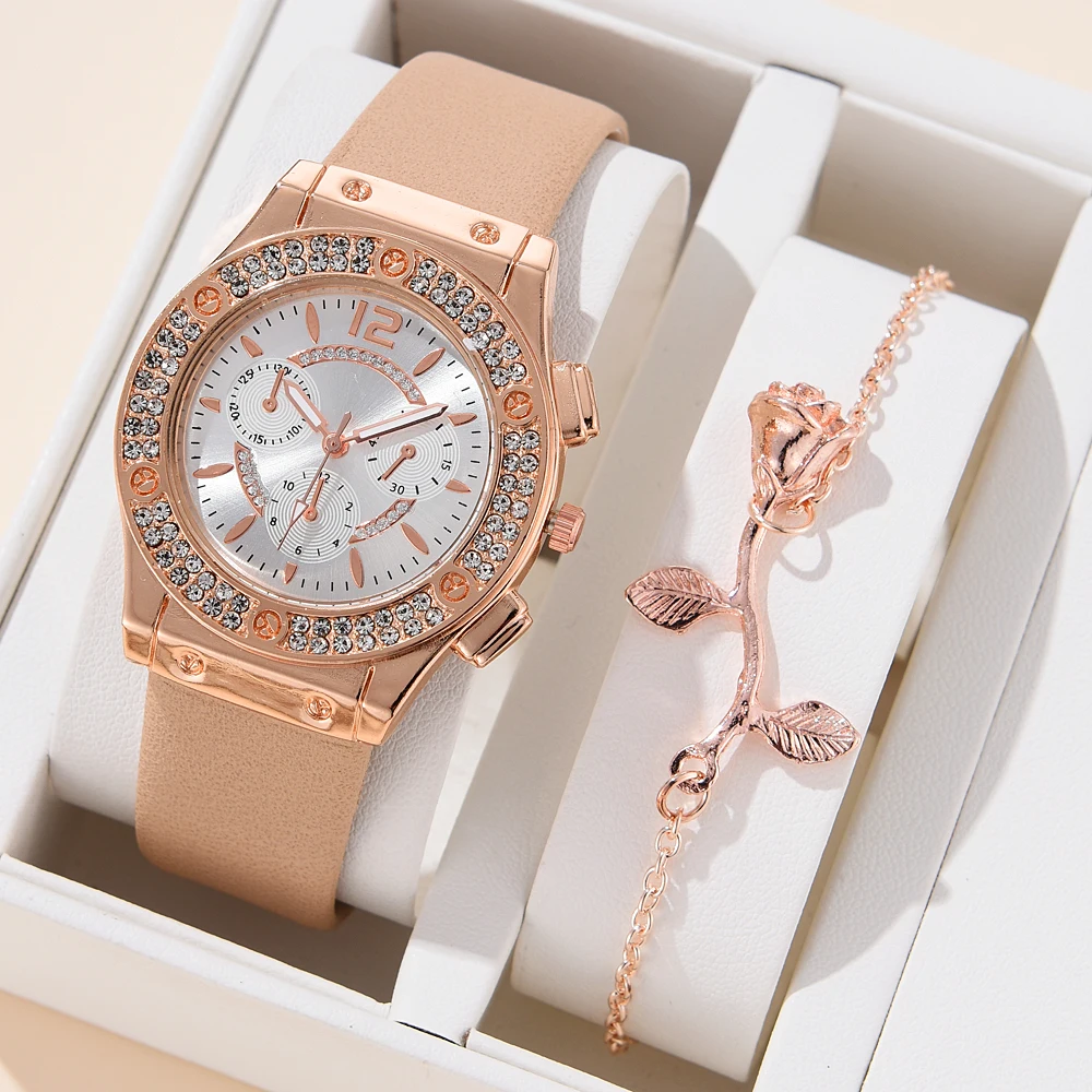 2 piezas para mujer, reloj de pulsera de aleación de oro rosa, elegante, de cuarzo