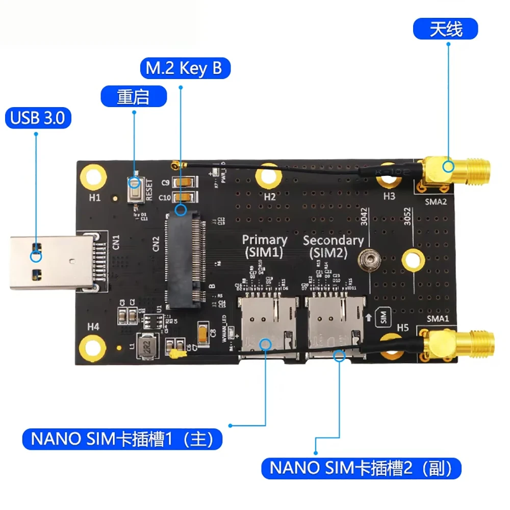 4G 5G M.2 Key B to USB 3.0 Adapter Board Double NANO SIM Card Slot For EM12-G EM120R-GL EM160R-GL EM06-E EM06-A EM121R-GL EM05