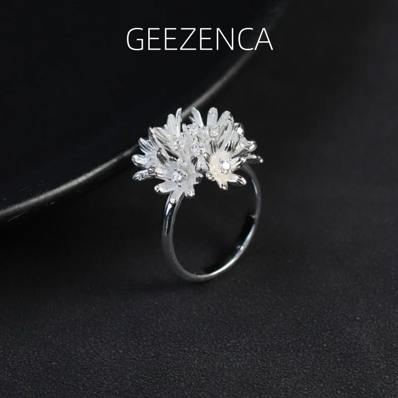 

GEEZENCA 925 Sterling Silver 5A Zircon Flower Resizable Ring For Women Cornflower Romantic Designer Chic Rings Luxury Jewelry