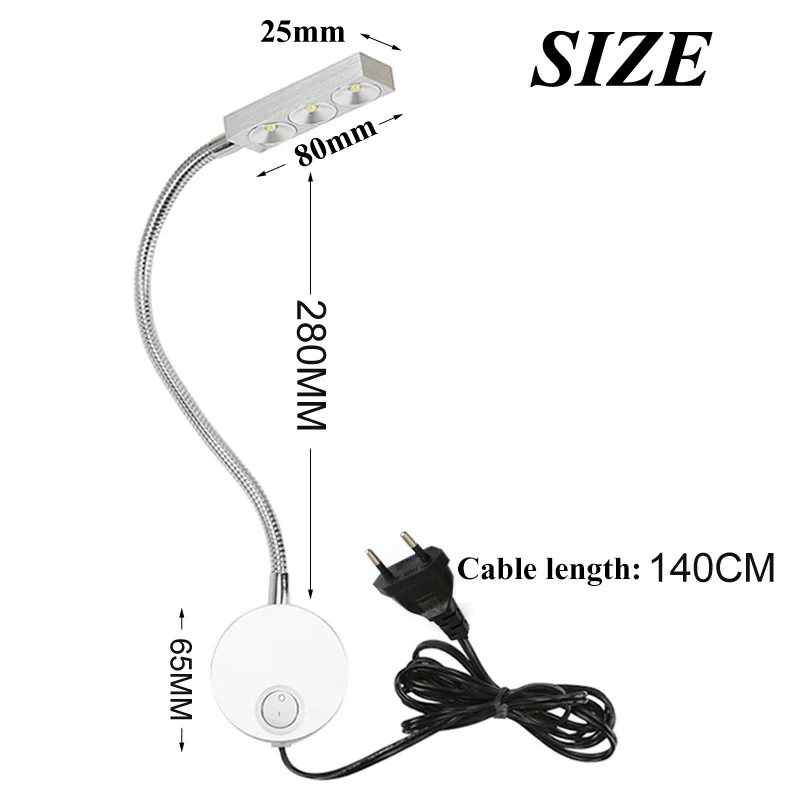 Bedside Working Study Reading Wall lamp sconces 3W LED Book Lamp wall Night light fixtures Spot LED EU Plug Cord AC85-265V