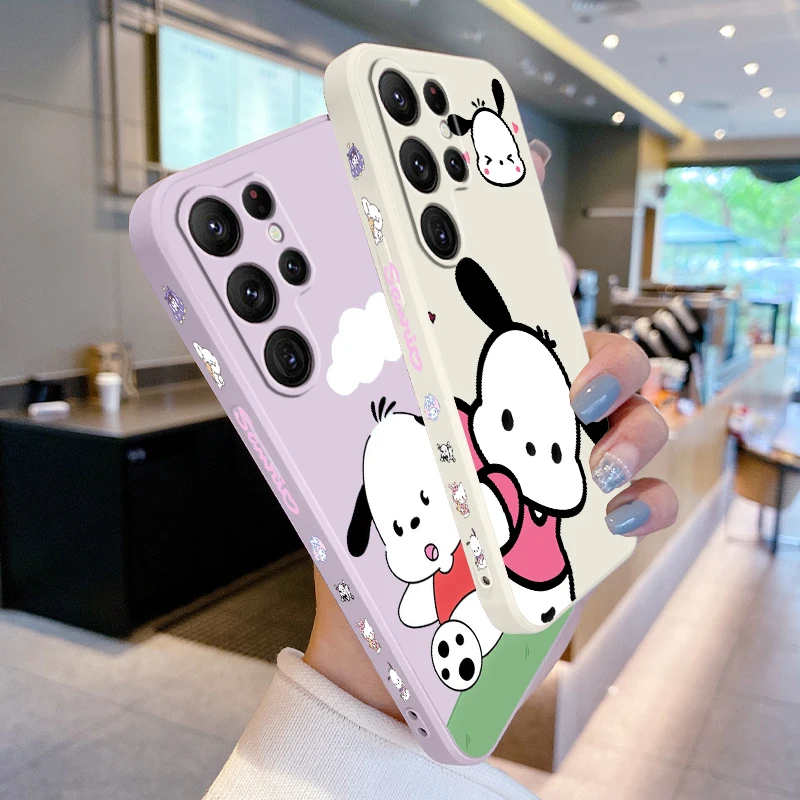 Sanrio Cartoon Pacha Dog Liquid Left Rope For Samsung Galaxy S24 S23 S22 S21 S20 FE S10 Ultra Plus Lite 5G Cover Cover