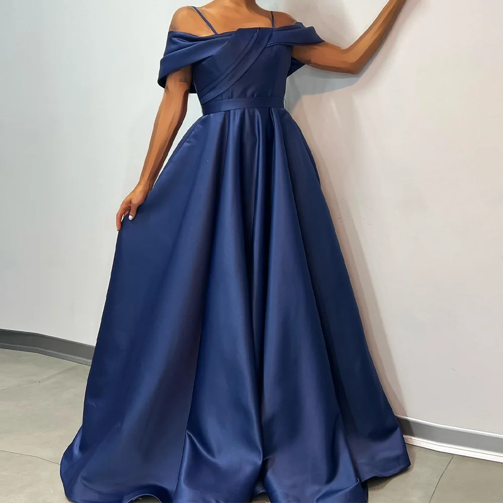 Off the Shoulder Satin Sleeveless Floor Length A-Line Evening Dress Panel Train Lace Up Back Temperament Photo Color Classic