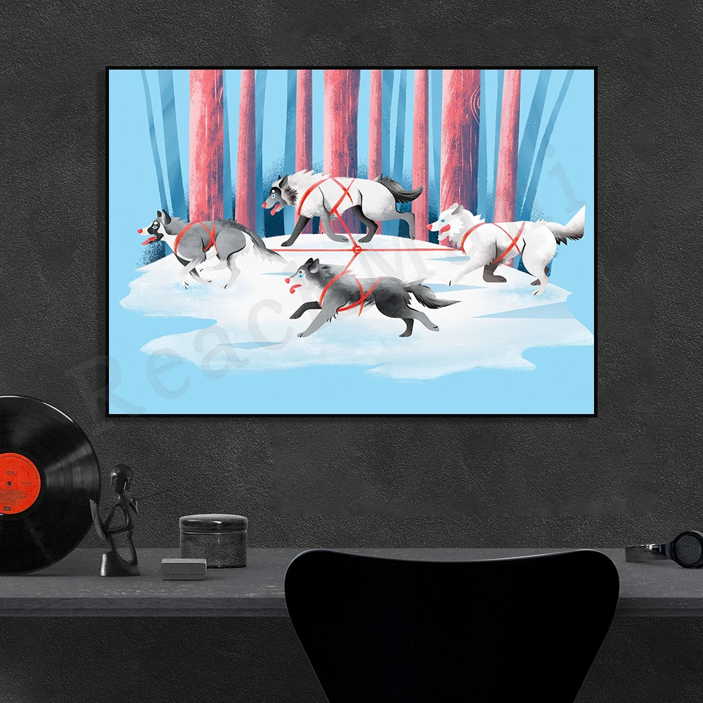 sled dog art print, animal dog illustration, husky wall art deco canvas print poster