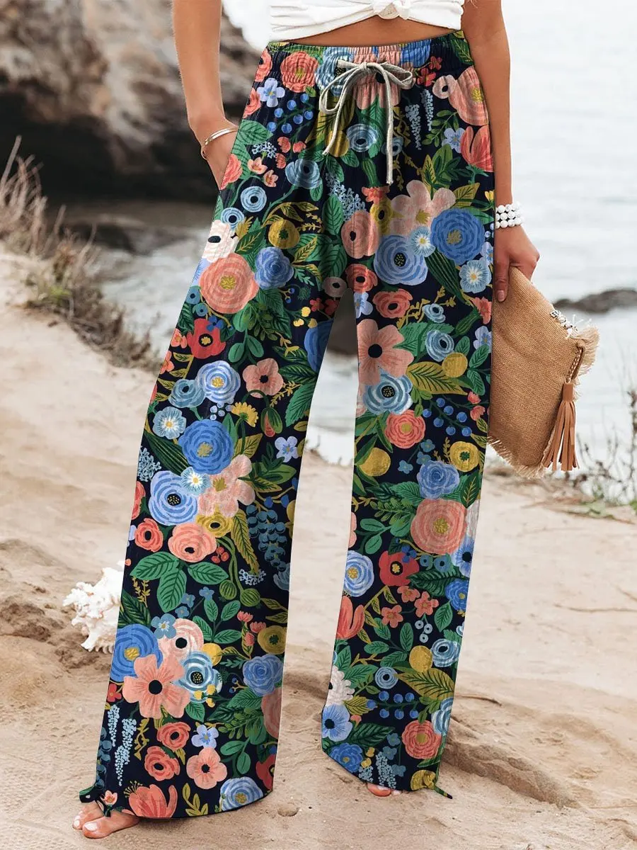 Sea blue Bubbles Women's Printed And Linen Casual Pants