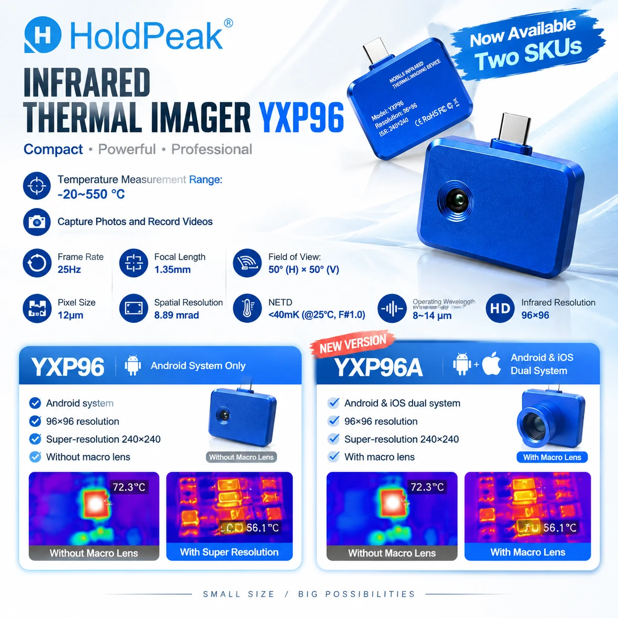 Thermal Camera for Phone 96x96 IR, 240x240 Super Res, -20~600°C, USB-C Android/iOS, 15 Palettes, 40mK, Manual Focus