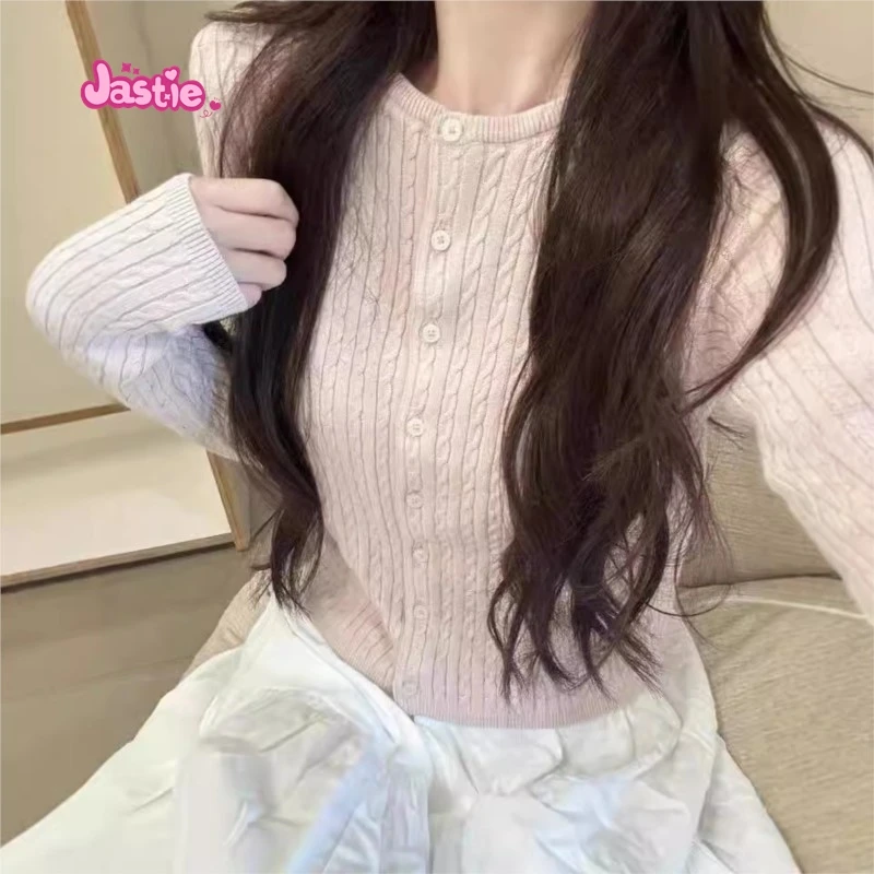 Light Pink O Neck Twists Knit Cardigan Coat Short Single Breasted Slim Sweet Women Sweater New Fall Solid Korean Chic Jackets