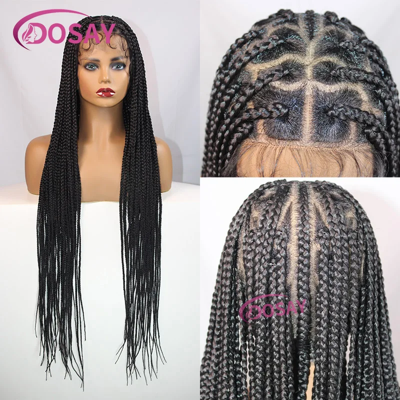 

36-дюймовые синтетические полные парики шнурка для чернокожих женщин, плетеные парики без узлов, двойной парик спереди, парик с сердечками и круглыми косами