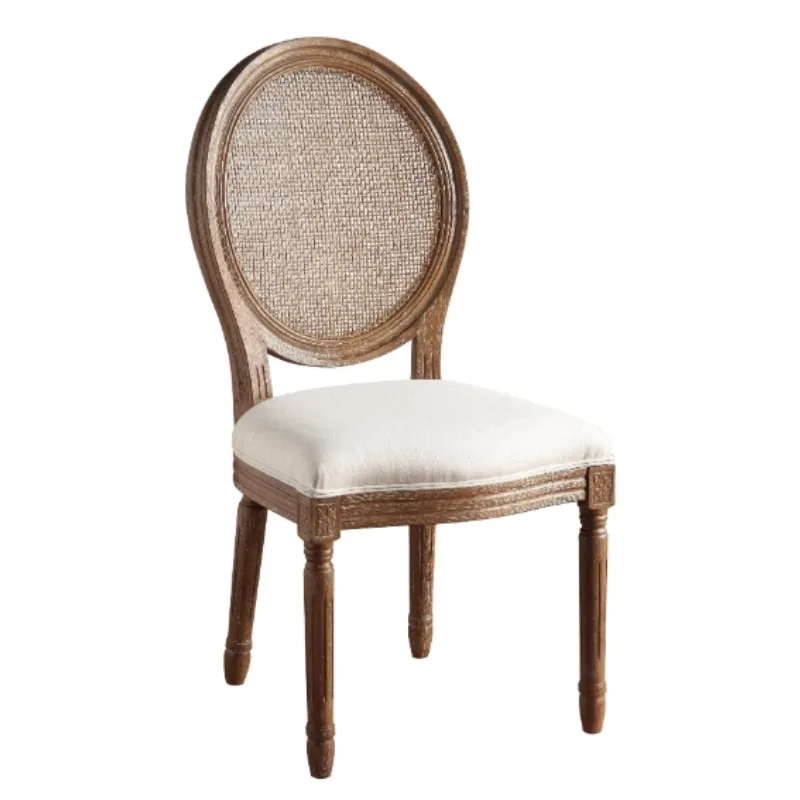 Country Vintage Chic Style Dining Side Chair with Upholstered Linen Welted Fabric and Elegant Natural Beige Rustic Wood Frame
