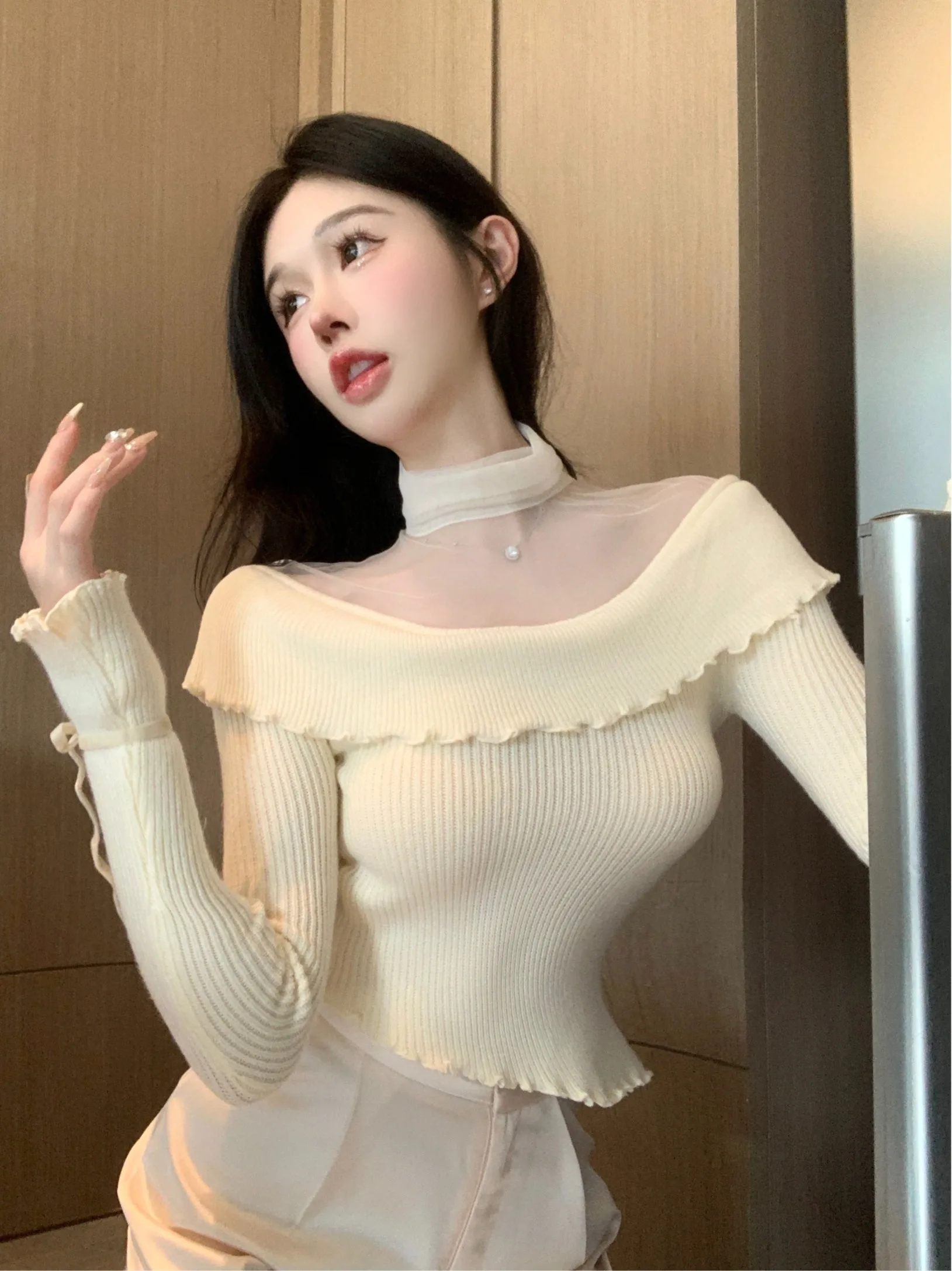 

Стильный вязаный топ-свитер для женщин на осень-зиму, мягкий, с длинными рукавами, базовый слой, трикотажный.