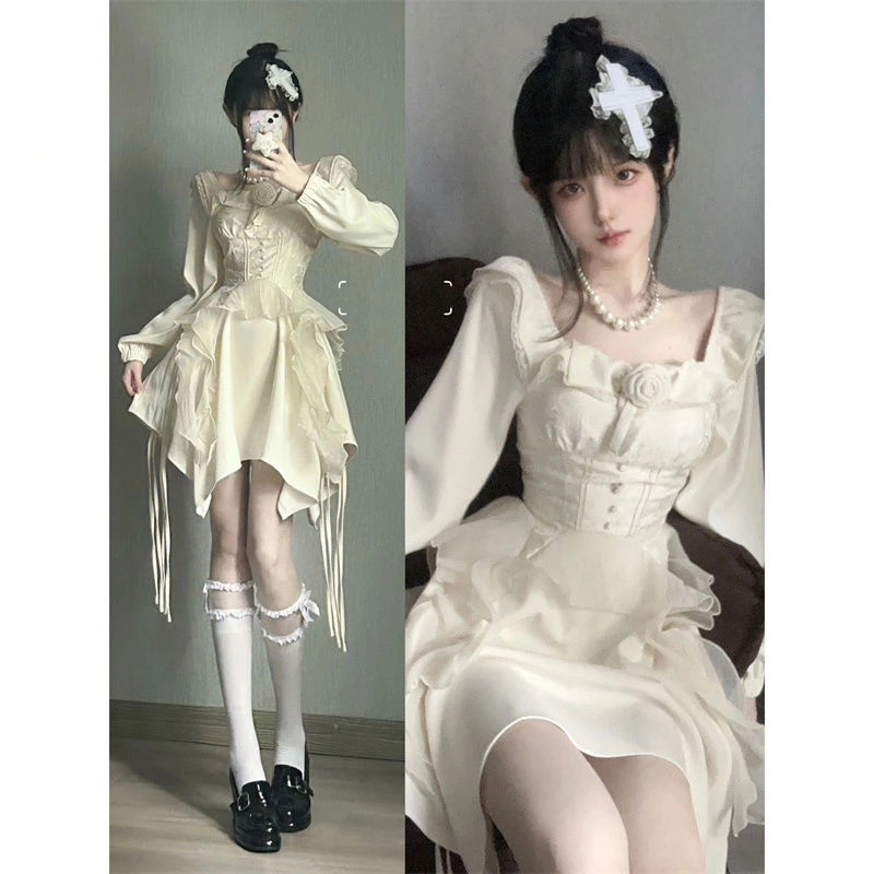 2025 ฤดูใบไม้ผลิคอเต่าสีขาว Midi ชุดผู้หญิงแขนยาวภาษาฝรั่งเศสคํา Elegant One Piece ชุดเกาหลีแฟชั่น Y2k ออกแบบเสื้อผ้า