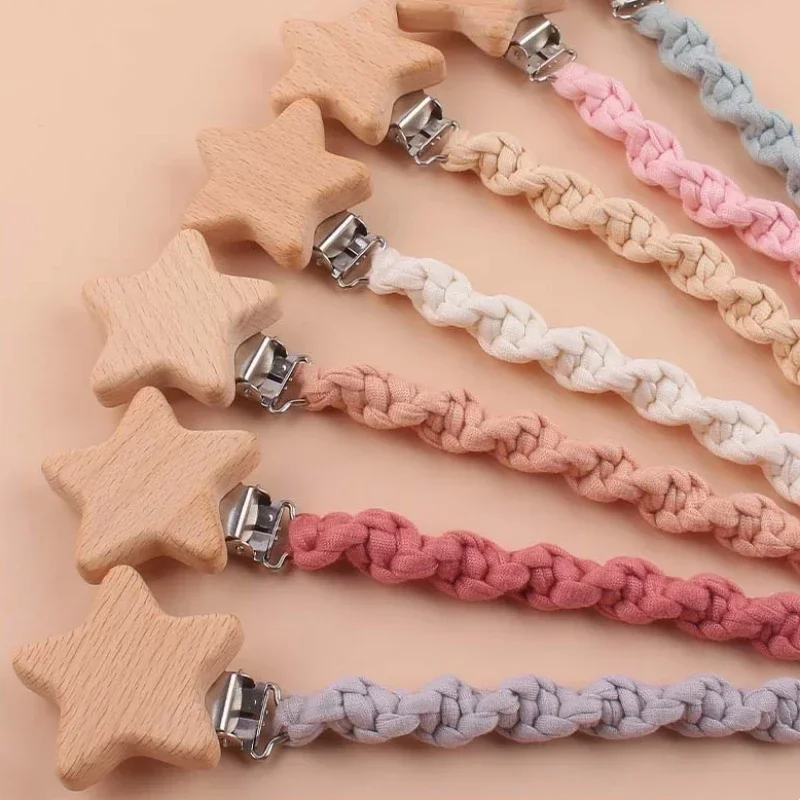 Hand Braided Cotton Cloth Pacifier Chains Leashes Handmade Wooden Dummy Pacifier Clips Safety Baby Girl Boy Eco-friendly Holder