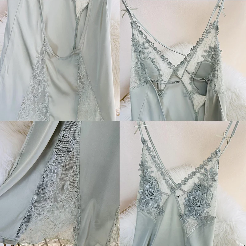 Sexy Hollow Out Lace Strap Nightgown Women Sleepwear Embroidery Flower Robe Silky Satin Nightdress Home Wear Intimate Lingerie