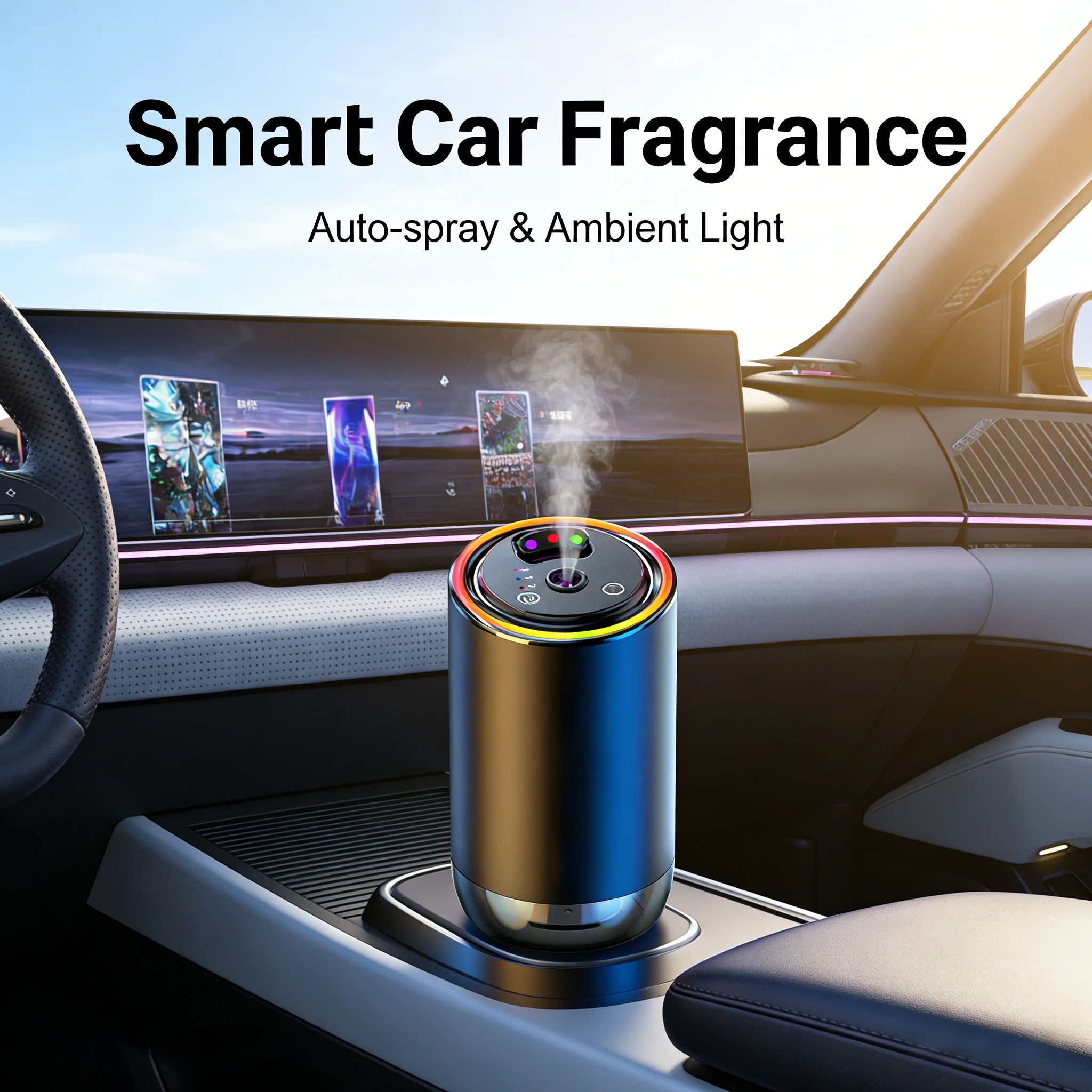 Smart Car Air Freshener, Automatic Car Air Freshener Diffuser with Ambient Light, Car Diffuser with 2 Essential Oil Cartridges,