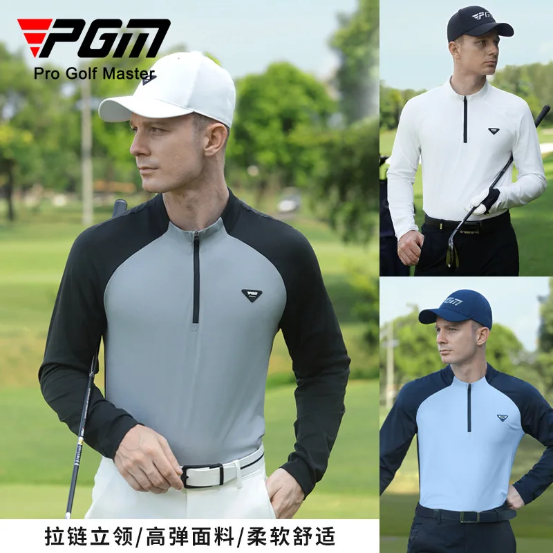 PGM Golf Men's Long Sleeve T-Shirt Stand Neck Zipper Windproof Men's Autumn and Winter Soft Sports Stretch Top