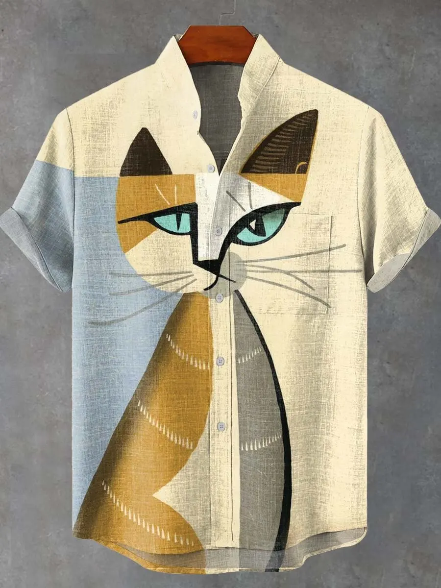 

Summer Man Shirt Animal Pattern Print Cat Shirts Casual Short Sleeve Streetwear Fashion Male Oversized Clothing Cardigan Tops