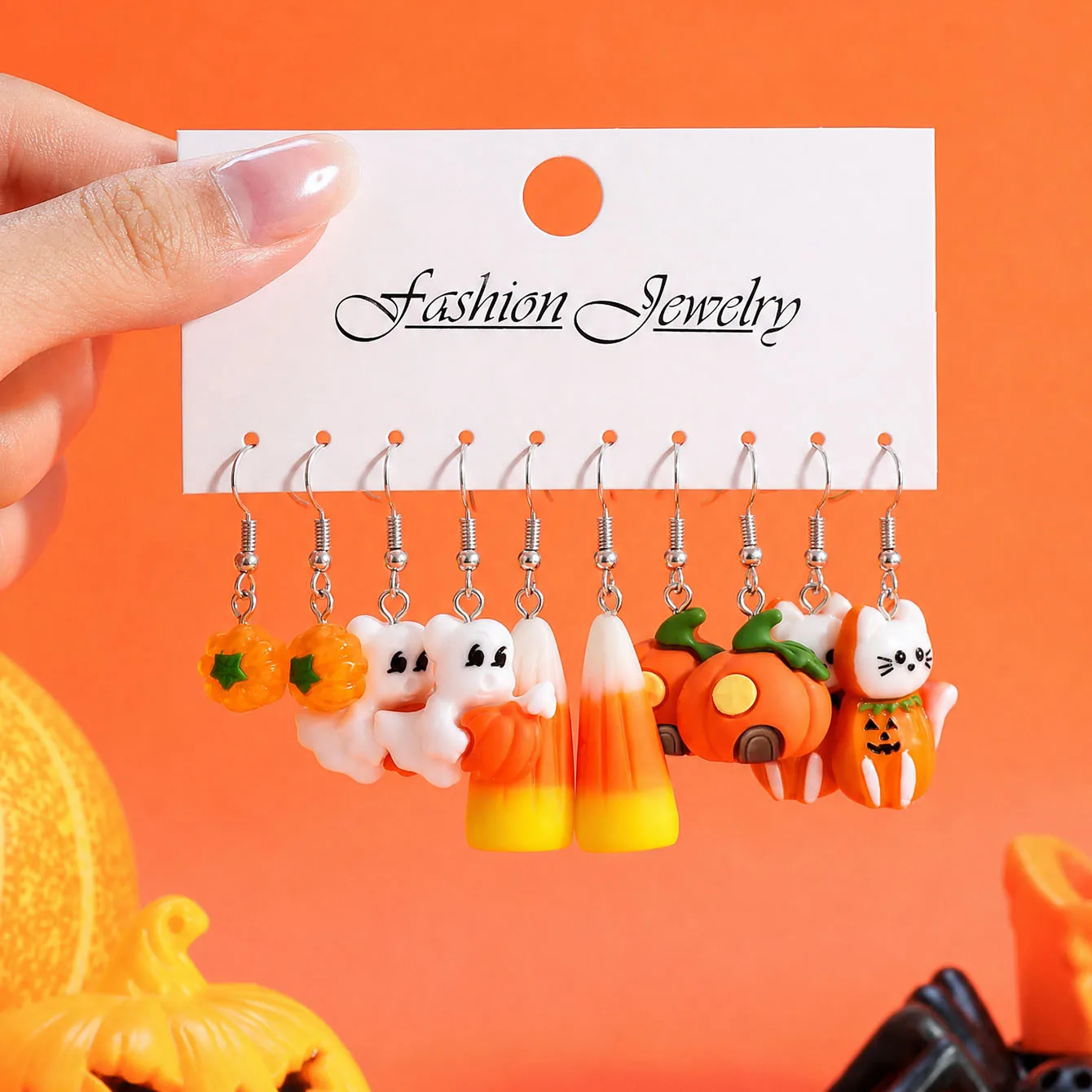 10pcs/20pcs New Christmas Holiday Series Earrings Cute Cartoon Pumpkin Ghost Candy Corn Cat Heart Resin Dangle Earring Set