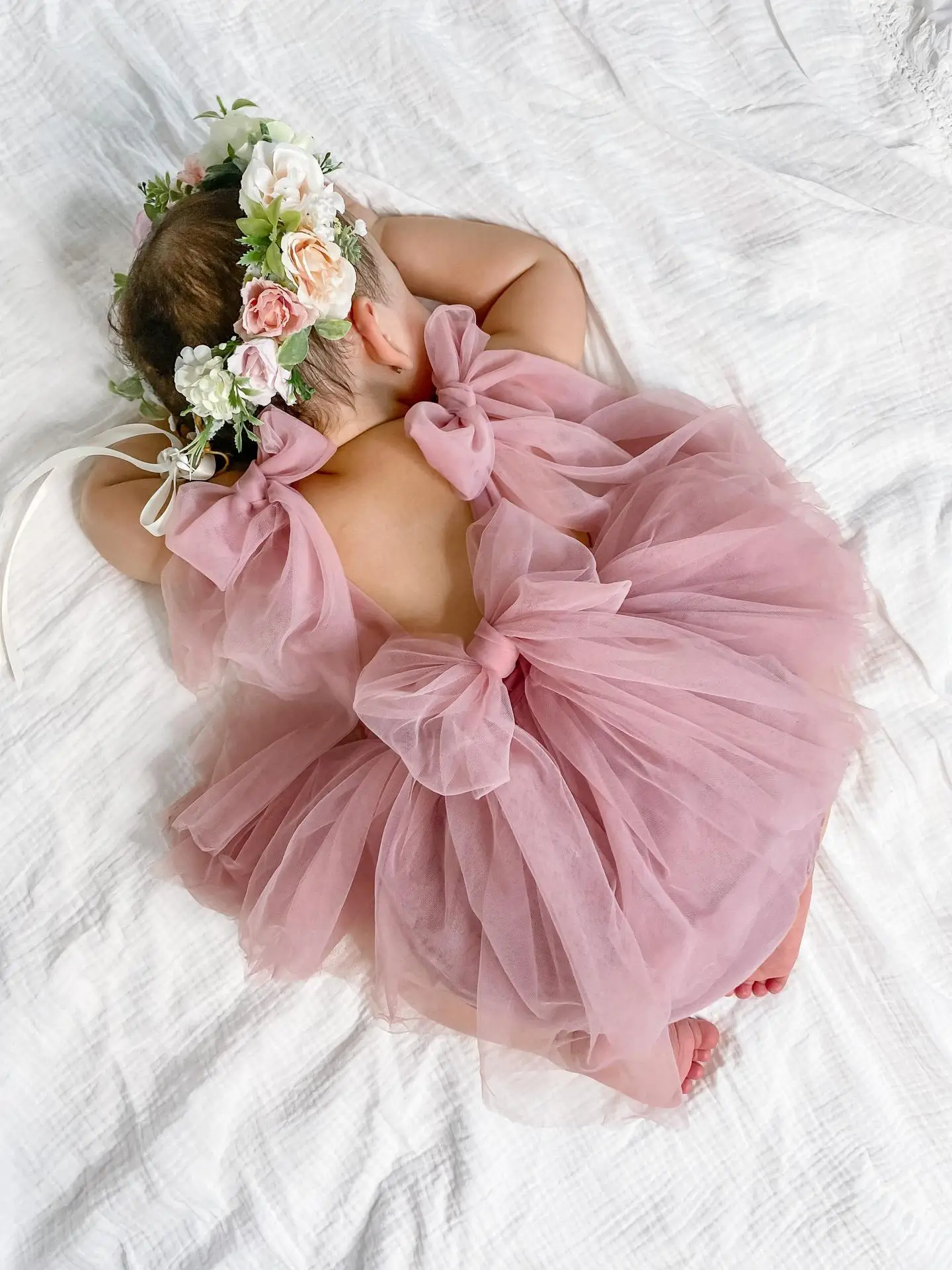 First Birthday Dress Straps Bow Flower Girl Tutu Dress Blush Pink White Baby Gauze Jumpsuit