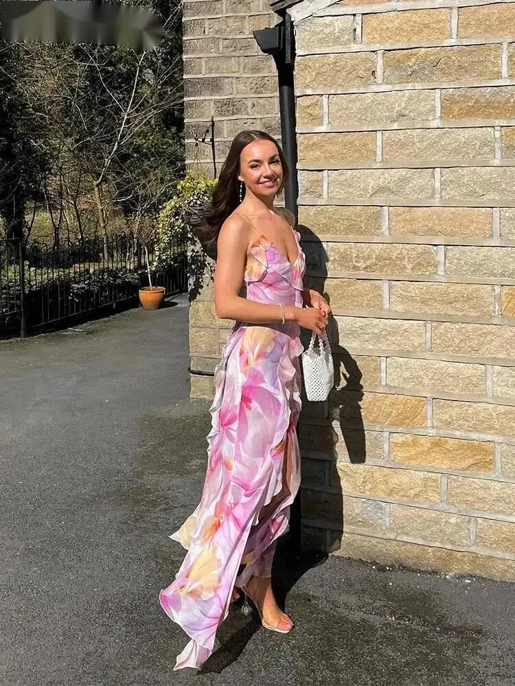 Sukienka damska letnia bez ramiączek z kwiatowym nadrukiem, rozcięciami, nieregularnymi frędzlami, patchworkiem, odkrytymi plecami, bandażowa, obcisła, na imprezę, Vestidos C2LT