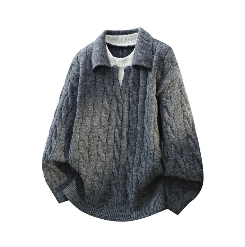 

Осень-зима, повседневные мужские свитера, винтажные жаккардовые вязаные рубашки-поло, мужские стильные двухслойные джемперы с v-образным вырезом и лацканами