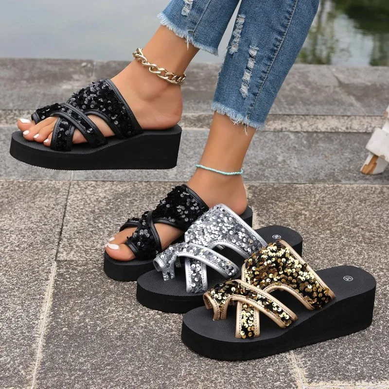 Zapatillas de mujer, sandalias de playa con lentejuelas de verano, chanclas, zapatos de tacón alto para exteriores, zapatillas de plataforma para mujer, zapatillas deslizantes para mujer