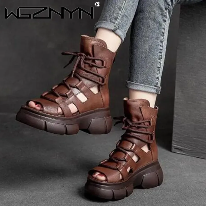 Genuine PU Leather Zip Retro Shoes Women Sandals 2022 New Ankle Boots Summer Handmade Hollow-out Lace-up Casual Platform Sandals