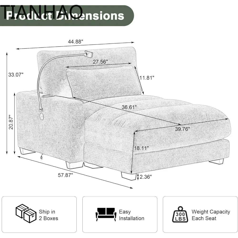 Oversized Chaise Lounge Chair Indoor, Comfy Lounge Sleeper Sofa with  Ports, Cup & Phone Holders, Chenille Cloud Reading