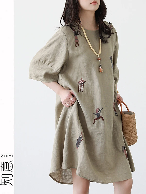 Grande taille imprimé fleuri lin irt Dr femmes été 3/4 Sve coton lin T-shirt jupe minceur dissimulant a-ligne S...