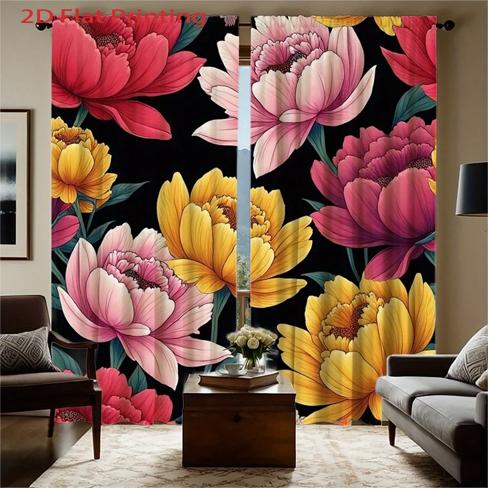 2D Flat, 2pcs Elegant Floral Curtains - Black Background with Pink, Yellow, White Peonies - Light Blocking Window Drapes - Machi