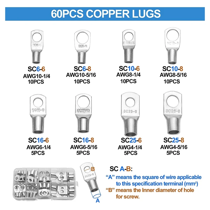NEW-Battery Cable Lug Crimp Tool For AWG 10, 8, 6, 4, 2, 1 Terminal And 60 Piece 8Specs Cable Lug Kit