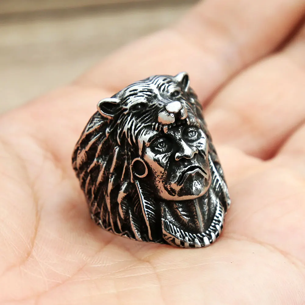 Unique Vintage Indian Warrior Biker Ring For Men 316L Stainless Steel Viking Wolf Head Rings Punk Fashion Jewelry Gift Wholesale