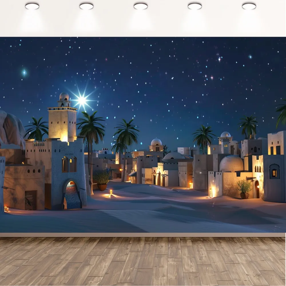 قطعة واحدة من خلفية مشهد عيد الميلاد المصنوعة من البوليستر - تصميم نجمة Bethlehem مع نجوم مضيئة وسماء ليلية ضوء القمر والبوليستر #1