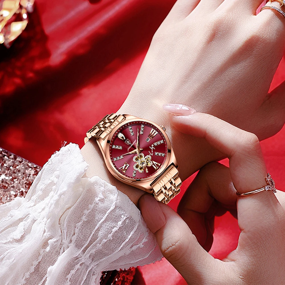 POEDAGAR Women Watch Fashion Luxury Wine Red Quartz Watches Waterproof Stainless Stain Ladies Wristwatch Romatic Girlfriend Gift