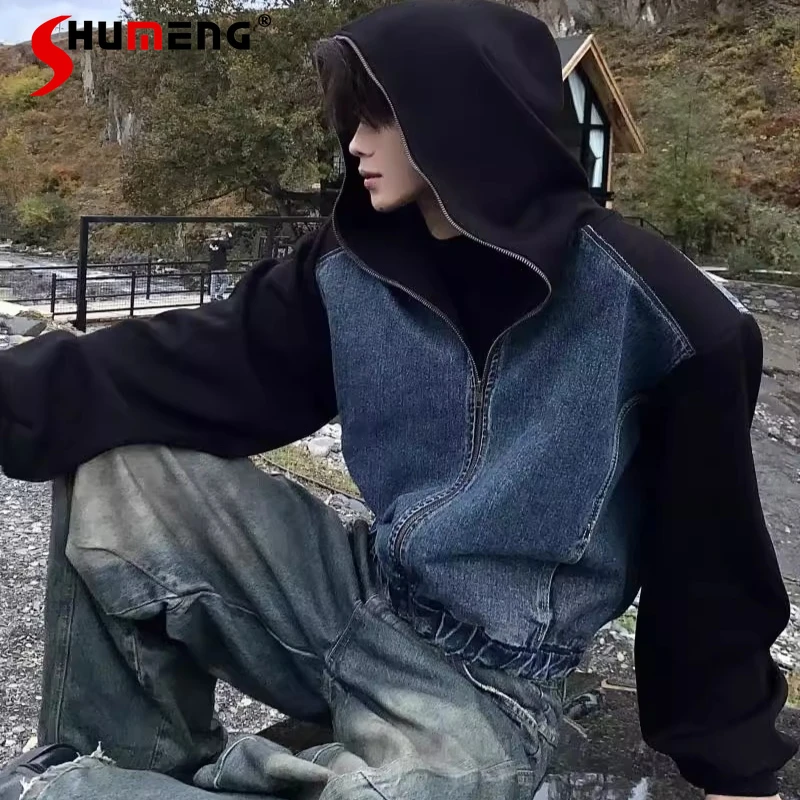 

Denim Hoodies Jackets Men American Style High Street Retro Tops Handsome Stylish Padded Shoulder Long Sleeve Hooded Sweatshirts